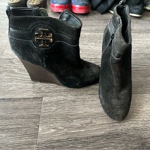 Gently used Tory Burch suede-leather boots with Woden wedge heel